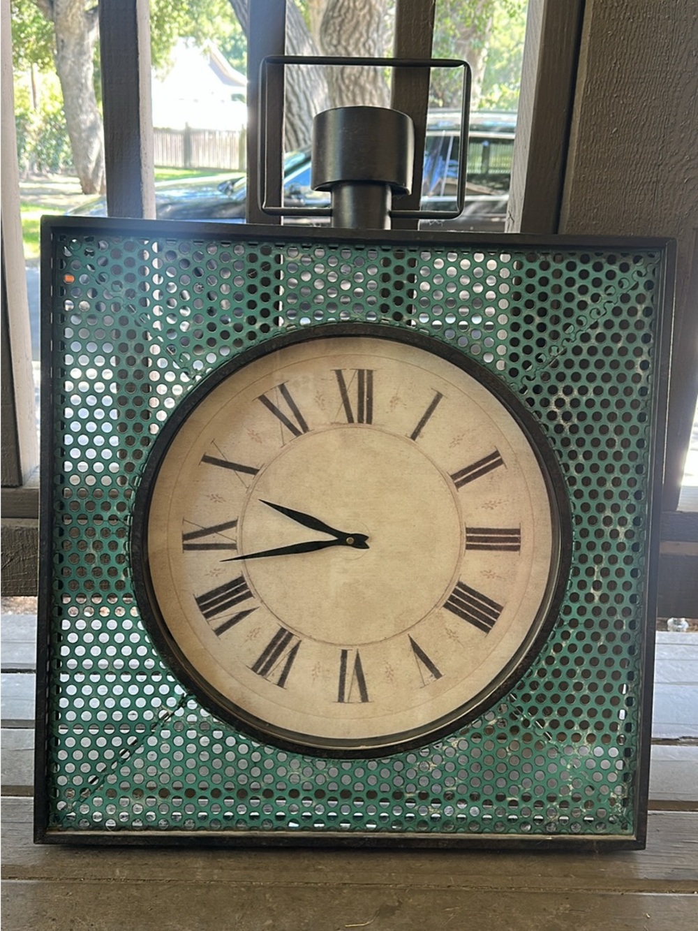 Vintage-Style Green Metal Wall Clock with Roman Numerals